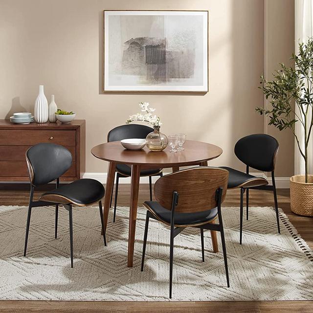 Art Leon Dining Chairs Set of 4, Walnut Bentwood, Mid Century Modern Chair, Black Faux Leather Kitchen Dining Room Chairs with Metal Legs, Accent Chairs for Bedroom