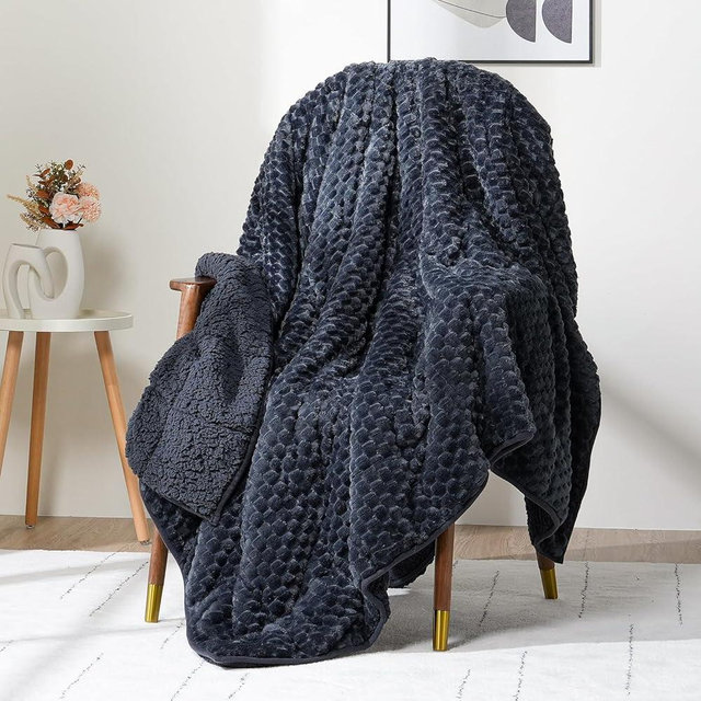 Wemore Fleece Weighted Blanket for Adults (60" x 80" 15lbs, Grey-Blue), Dual Sided Cozy Soft Sherpa Heavy Blanket, 3D Imitation Turtle Shell Warm Jacquard Flannel Weighted Blankets for Couch and Bed