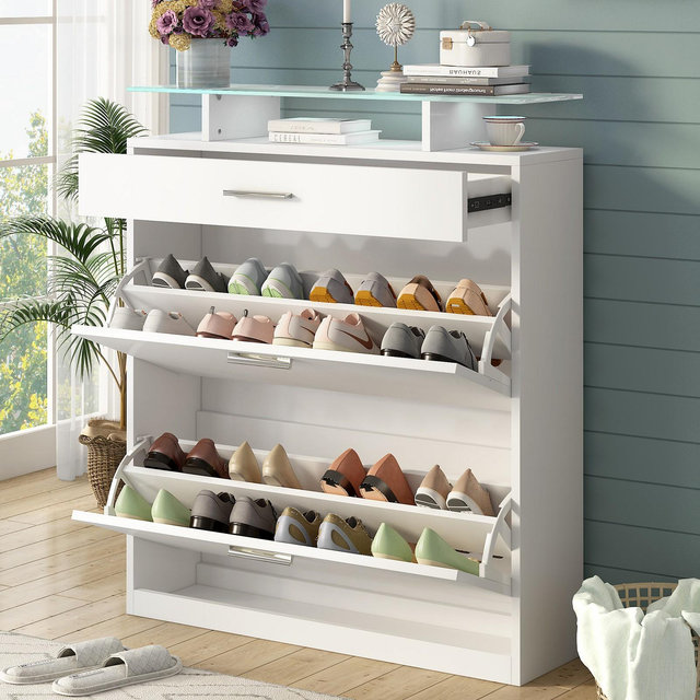 Slim Entryway Organizer with Shoe Storage and LED Light