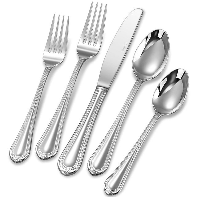 KEAWELL Pearl Edge Premium 20/45/65-Piece Refined Bead Silverware Set, 18/10 Stainless Steel, Service for 4/8/12, Fine Flatware Set with Serving Utensils, Dishwasher Safe (45, Silver)