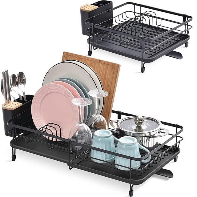 TOOLF Expandable Dish Drying Rack, Adjustable Dish Rack, Foldable Dish Drying Rack with Removable Cutlery Holder Swivel Drainage Spout, Anti-Rust Plate Rack for Kitchen, 1 Piece, Black