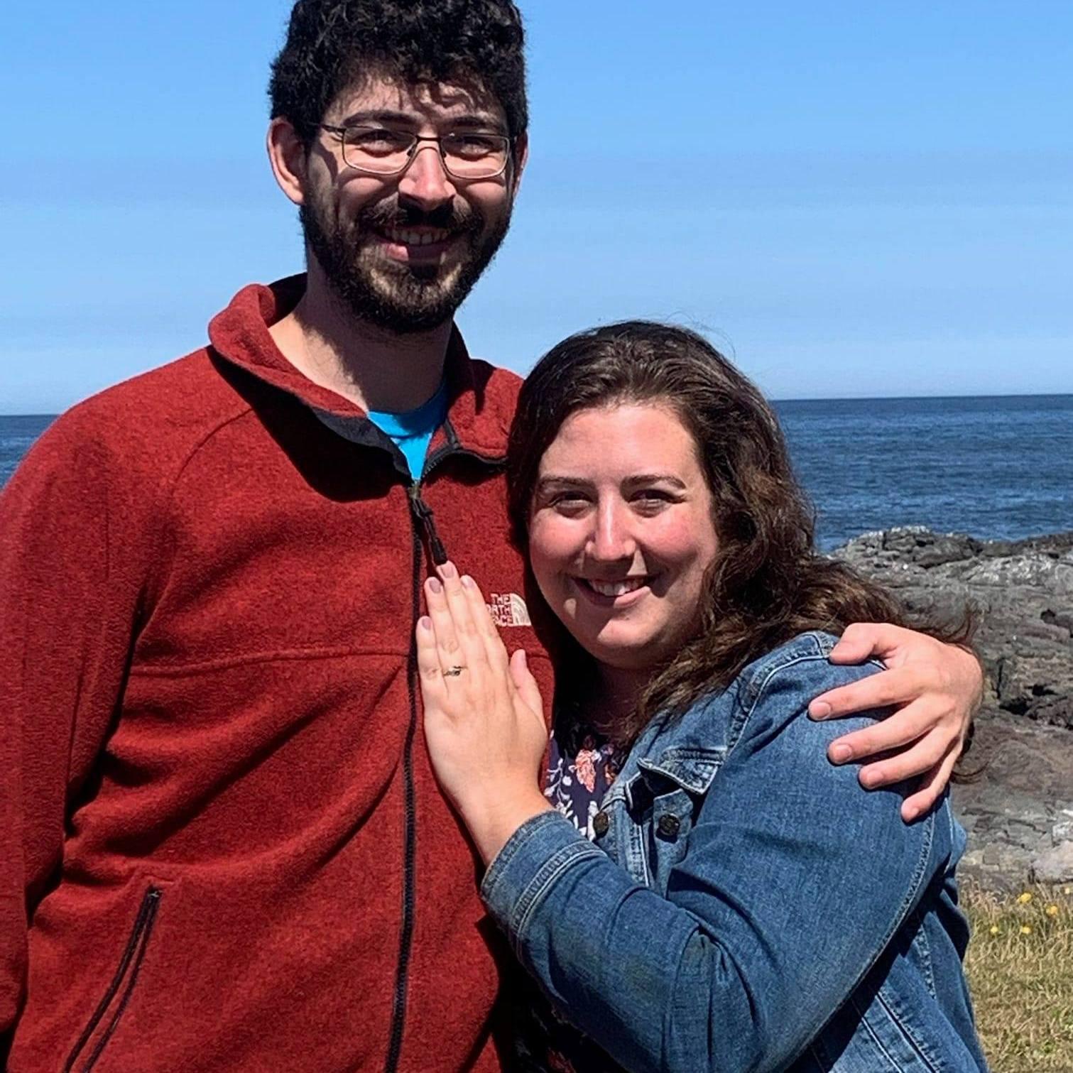 We got engaged on the last night of our road trip in Yachats, OR. A random couple took our photo the next morning in the same spot