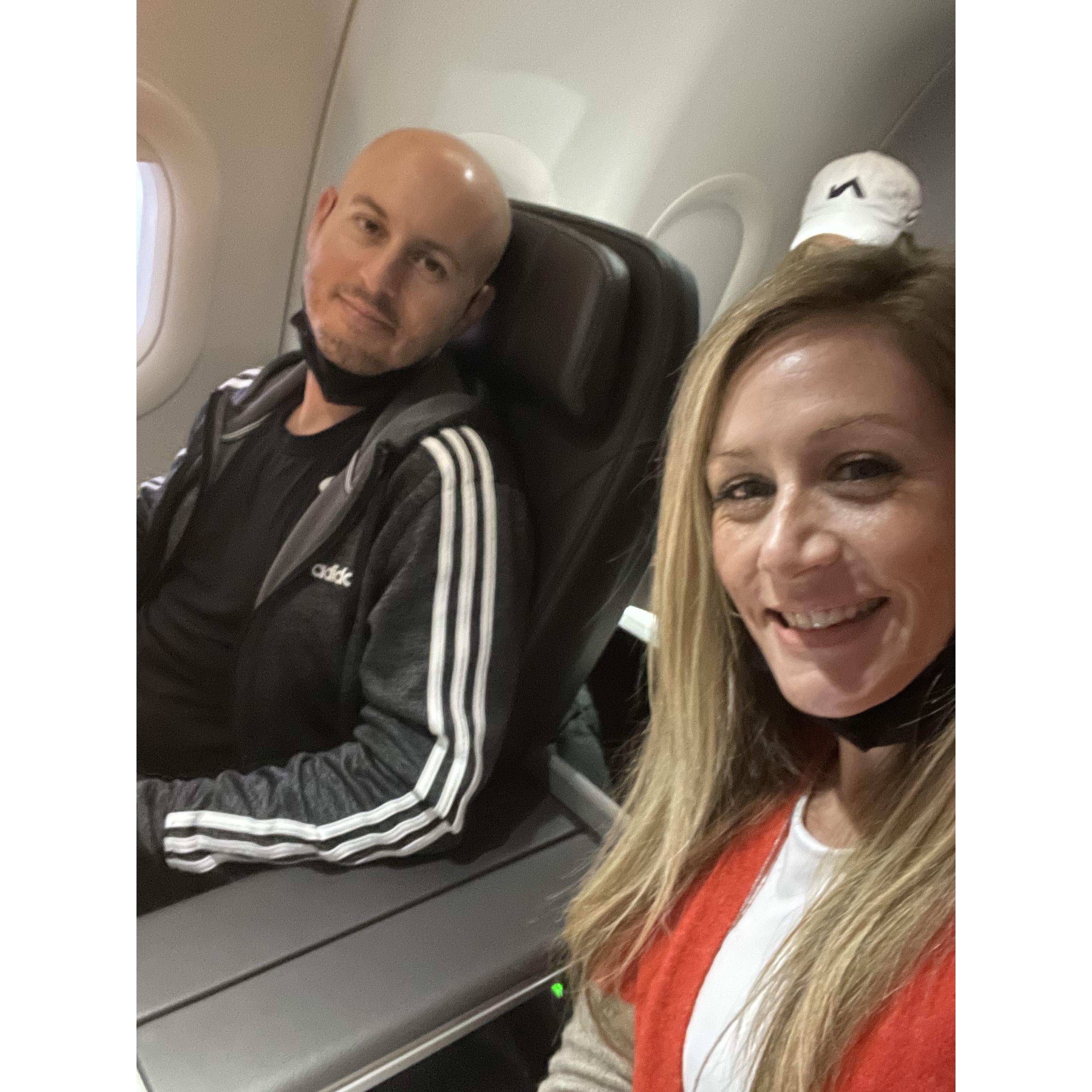 Our first airplane ride together in first class!!!