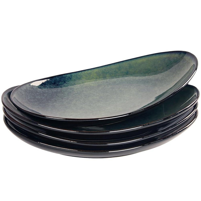 LIUYWYHCF Ceramic Serving Platters Set of 4, 12.1 Inch Curved Oval Salad Plates for Entertaining, Modern Kitchen Dishes, Trays for Dinner, Fruit, Salad, Pasta, burgers - Dishwasher Microwave Safe