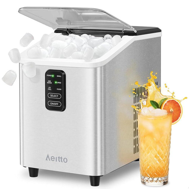 Aeitto Countertop Ice Maker Machine, 26lbs Ice in 24H, 8 Bullet Ice Cubes in 6 Mins, Self-Cleaning Portable Ice Maker with 2 Ice Sizes, Basket & Scoop for Home, Kitchen, Office, Stainless Steel