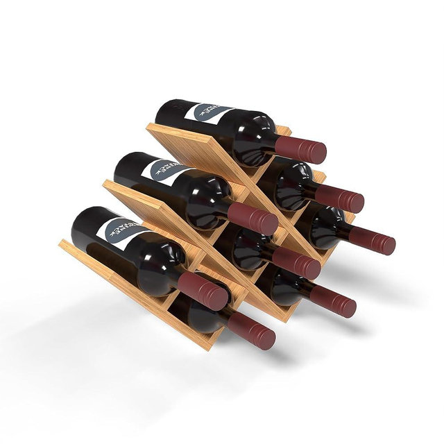 Wine Stack 8 Bottle Bamboo Small Wine Rack for Countertop, No Tools Assembly, Modern Lattice Design, Durable, Wine and Liquor Bottle Storage for Small Spaces