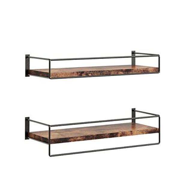 VASAGLE Floating Shelves, Set of 2, Wall Shelves with Hanging Bar, Shelves for Wall, for Kitchen, Bedroom, Living Room, Rustic Brown and Black ULWS441B01