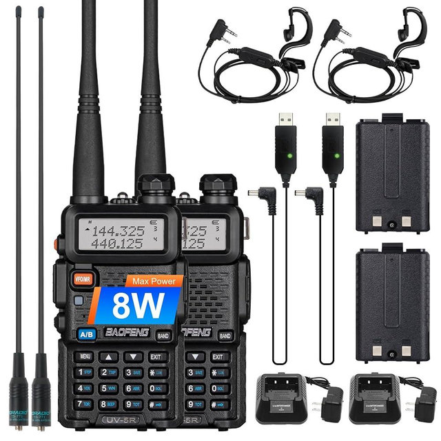 2 Pack BAOFENG UV-5R 8 Watt Ham Radio Handheld Long Range Two Way Radio with USB Charging & Long Antenna,Dual Band Ham Radio Baofeng Walkie Talkie