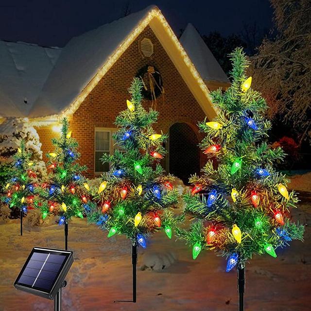 Upgraded Set of 4pcs Solar Christmas Tree Lights Outdoor Decorations, with 80 LEDs Solar Christmas C6 Strawberry String Lights for Outside Yard,Patio,Garden,Grave,Cemetery Xmas Ornaments(Multicolor)