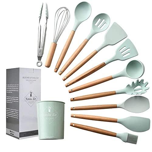 Silicone Cooking Utensil Set,esonmus 11pcs Kitchen Utensil Set with Holder and Wooden Handle,BPA Free,Non-stick,Heat Resistant Cookware Set,Mint Green