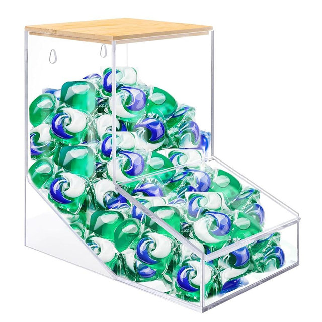 JYPS Laundry Box,Acrylic Dishwasher Pod Holder with 2 Lids,Powder Dispenser,Drying Balls,Beads,Soap Organizer for Room Table/Wall Mounted,Snack Candy Storage (1pcs-bigger)