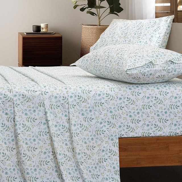 HYPREST 100% Cotton Sheets King Green Floral Patterned - King Sheets Deep Pocket Crispy Percale Bed Sheets Soft Breathable Farmhouse