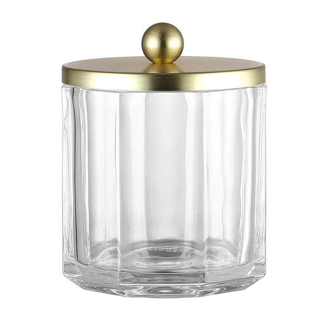 Indecor Home Clear Transparent Apothecary Octagional Shaped Glass Canister Jar With Gold Metal Lid Cover for Bathroom Organization, Cotton Balls, Q Tips, and Small Accessories, Bathroom Storage
