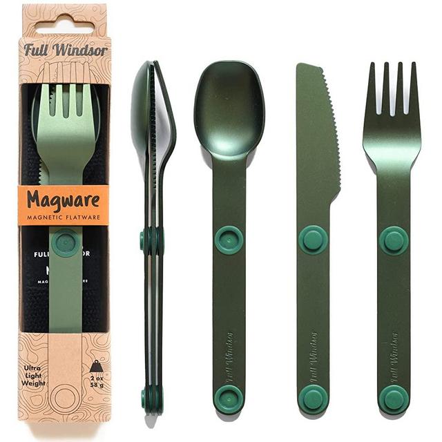 MAGWARE Magnetic Camping Utensils - Light Aluminum Travel Silverware with a Case for Camping, Picnic, Office & Your Cool Kid's Lunchbox | Pocket-sized Cutlery | Set of Knife, Fork & Spoon (Green)