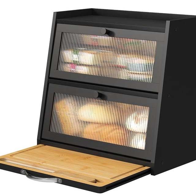 viewcare Bread Box for Kitchen Counter, Black Bread Box With Cutting Board, Bamboo Wood Large Capacity Bread Storage Bin with Acrylic Wavy Door Panel