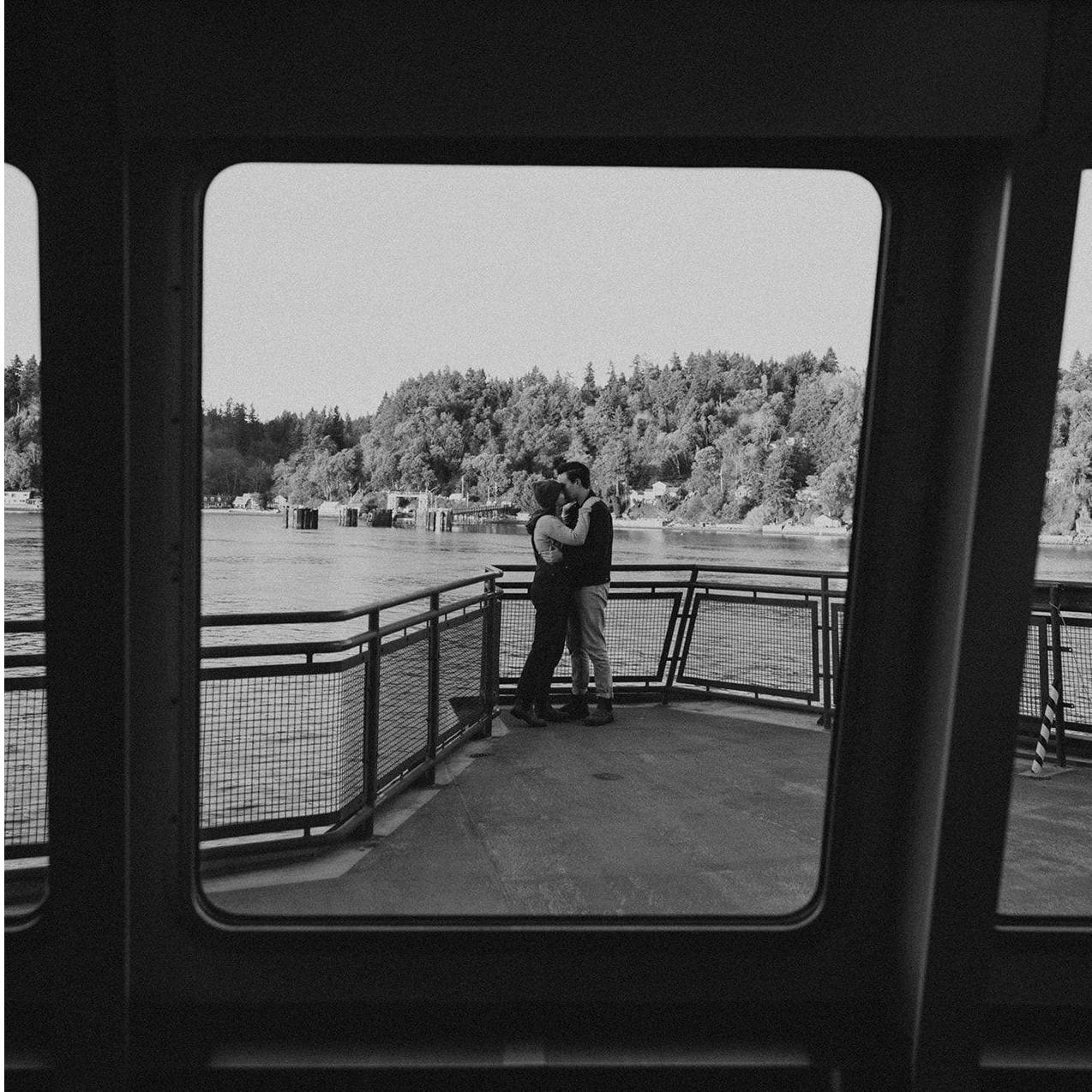 Engagement photos by In the Alpenglow on the Vashon Island ferry in Wahington in the fall of 2023.