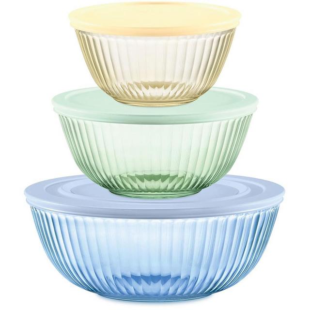 Pyrex Sculpted Tinted 6-PC Full Set, Small/Medium/Large Glass Mixing Bowls With Lids, Nesting Space Saving Set of Bowls For Prepping and Baking, 1.3QT, 2.3QT & 4.5QT