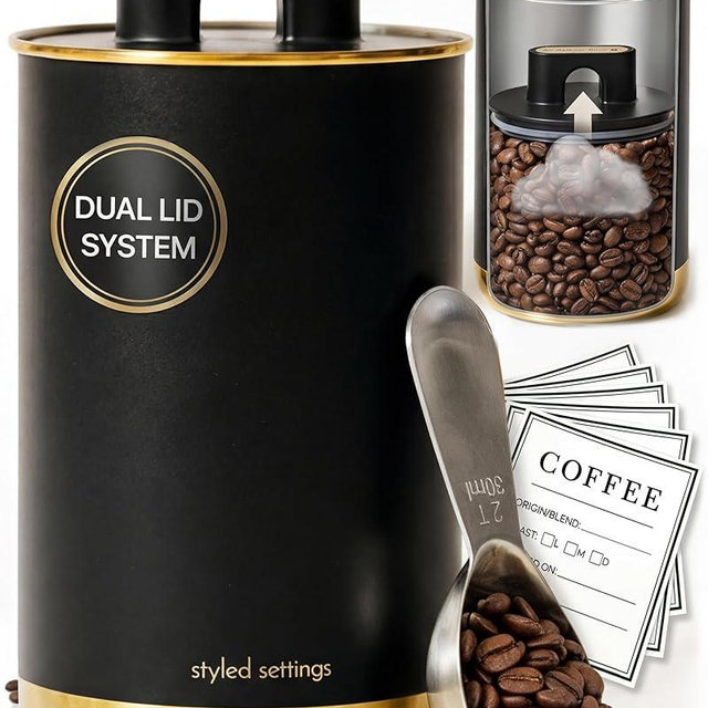 Vacuum Coffee Canister with Airtight Lid – Patented Dual Airtight Coffee Canister with Scoop, Coffee Bean Storage Container or Grounds Container, Storage Container - Black and Gold Kitchen Accessories