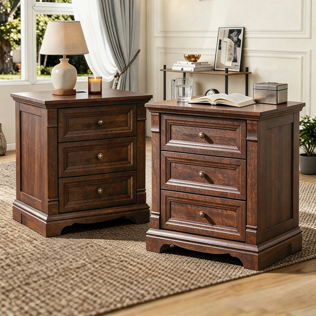 Nightstand Set of 2 with Charging Station, 24" Farmhouse Bedside Table with 3 Drawers Storage for Bedroom, Living Room, Brown