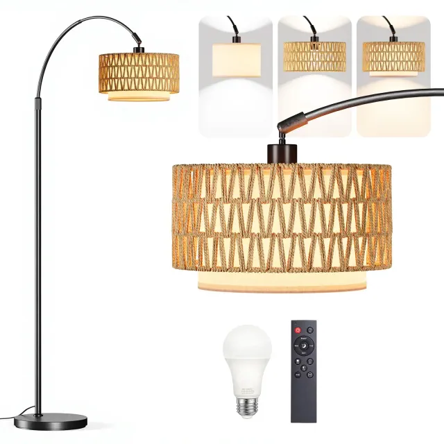 Floor Lamp for Living Room Adjustable Rattan Shade Remote Control Foot Switch 3000K-6000K