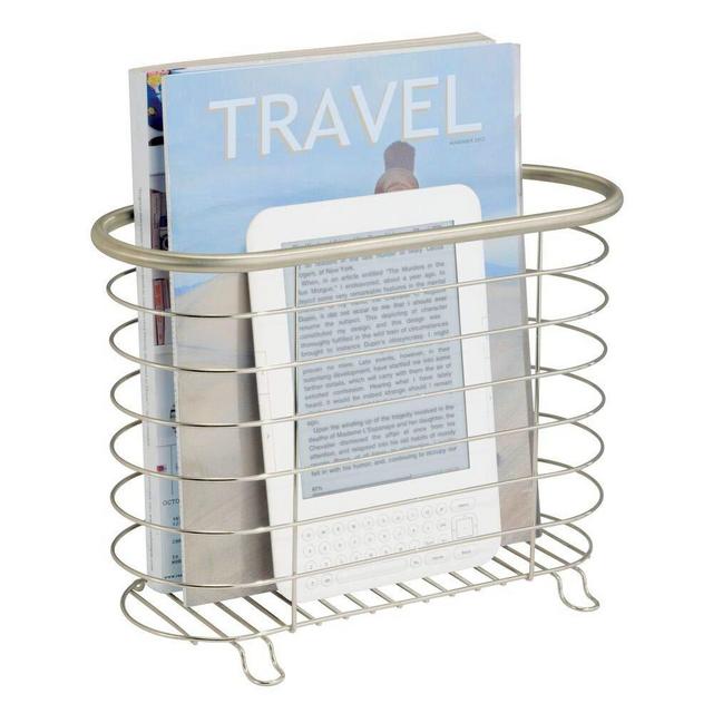 mDesign Decorative Metal Farmhouse Magazine Holder and Organizer Bin - Standing Rack for Magazines, Books, Newspapers, Tablets in Bathroom, Family Room, Office, Den - Satin