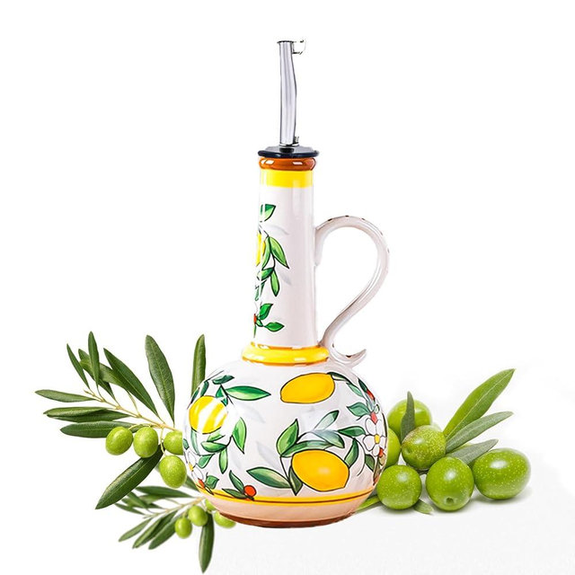 Gnlnkn Ceramic Olive Oil Dispenser Bottle – 18.3 oz Oil Cruet with Spout and Handle, Lemon Pattern, 10.2” Tall – Non-Drip Pourer for Kitchen Counter, Salad Dressing, Vinegar, Decorative Oil Container