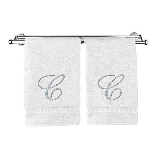 Monogrammed Hand Towel, Personalized Gift, 16 x 30 Inches - Set of 2 - Silver Embroidered Towel - Extra Absorbent 100% Turkish Cotton- Soft Terry Finish - For Bathroom, Kitchen and Spa- Script C White
