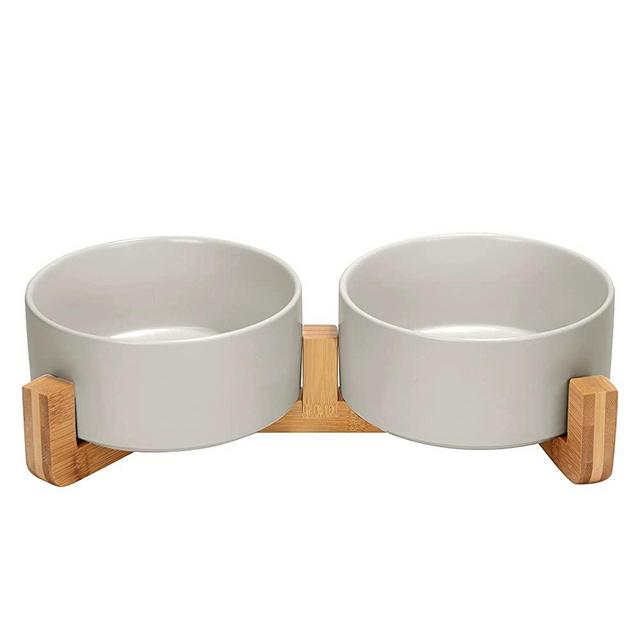 Ceramics Dog and Cat Bowl with Wood Stand Matte Glaze Weighted Food Water Feeder for Cat Medium Dog