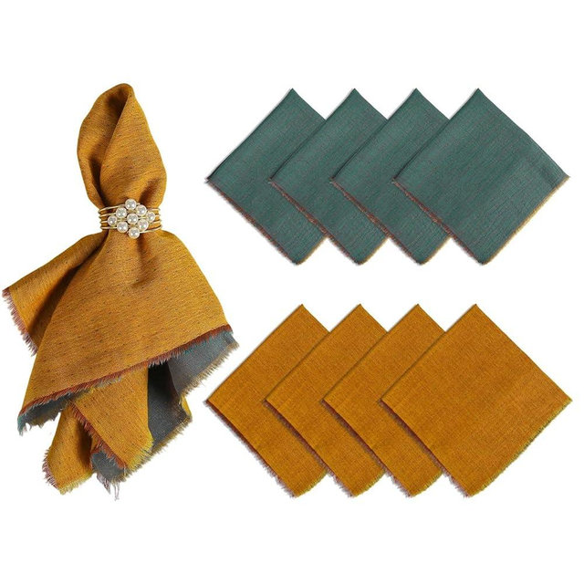 Getfitsoo Fall Cloth Napkins Set of 8, Bohemia Cotton Napkins with Fringe, 18 x 18 Inches Double Layer Soft Handmade Napkins Washable for Thanksgiving, Wedding, Party Dinner Table Decor(Yellow Grey)