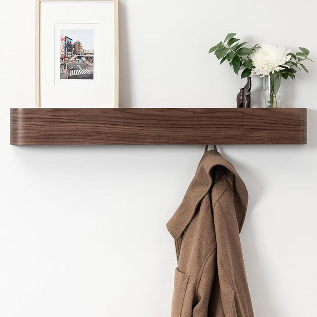 Kazai. Wall-Mounted Coat Rack 'Toke' | Modern Design With Hidden Hooks | Solid Wood Veneer Panel Hanger | Walnut