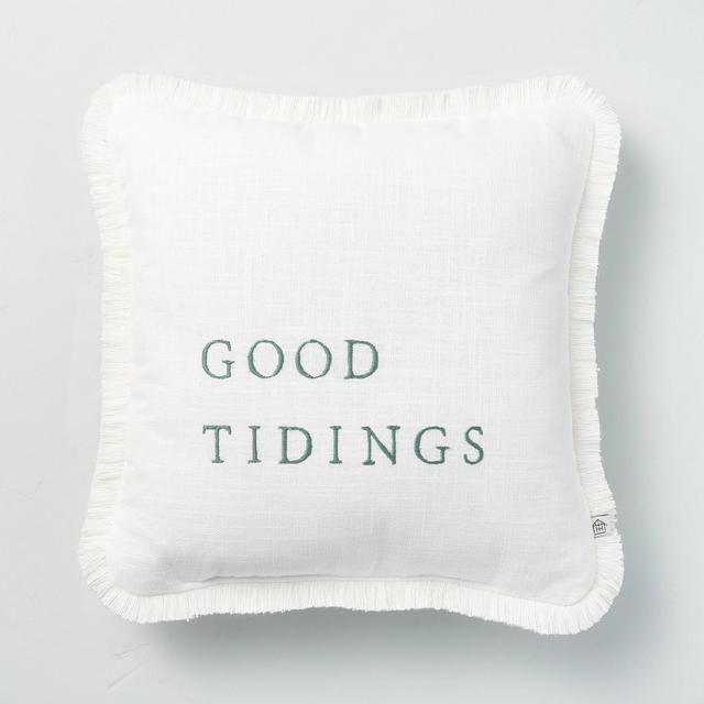 14" x 14" Good Tidings Embroidered Seasonal Throw Pillow Green/Cream - Hearth & Hand™ with Magnolia