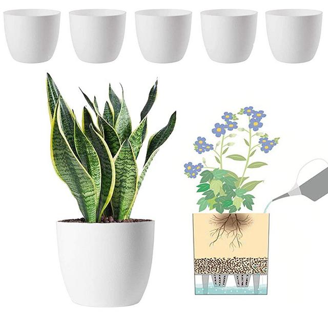 MOHENA 7 Inch Self Watering Planters Plastic Plant Pot, Modern Decorative Flower Pot/Window Box for All House Plants, Flowers, Herbs, African Violets, Succulents - White, Set of 6