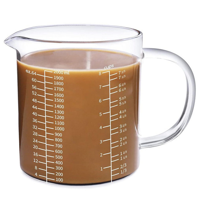 77L Glass Measuring Cup, [Insulated handle, V-Shaped Spout], High Borosilicate Glass Measuring Cup for Kitchen or Restaurant, Easy To Read, 2000 ML (2 Liter, 8 Cup)