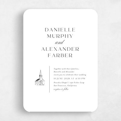 White Rounded Wedding Invitation - Classic Chapel Portrait