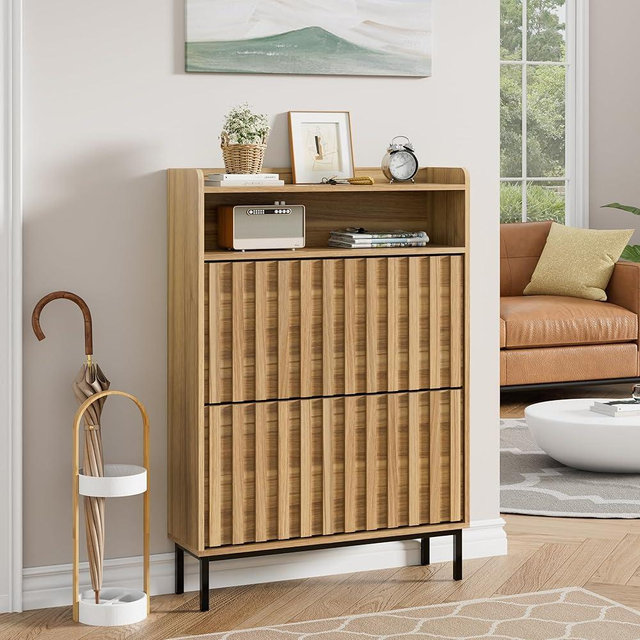 UEV Shoe Cabinet,Wood Shoe Storage Cabinet with 2 Drawers & Fluted Door Design,Freestanding Shoe Cabinet Organizer with Open Shelf,Narrow Shoe Rack Cabinet with Metal Legs for Entryway,Living Room