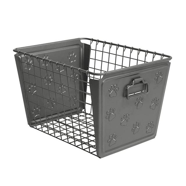 Spectrum Diversified Paws Macklin Basket Steel Storage Bin with Cute Pawprint Design, Pet Accessory Organizer with Rust-Resistant Finish, Cat & Dog Toy Organization & Storage, Medium, Industrial Gray