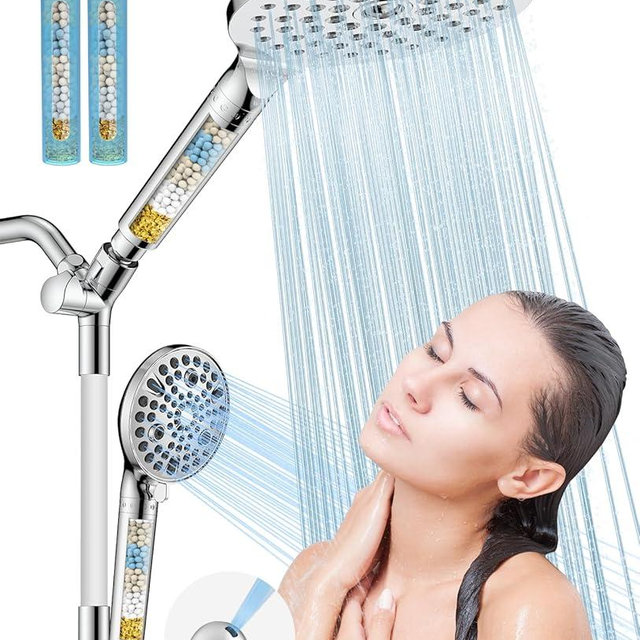 Dual Filtered Handheld Shower Heads Combo, HOPOPRO 15-Mode High Pressure Rainfall Showerheads Combo Set with Filter, for Hard Water, Removes Chlorine, Improves Skin Hair Condition, Chrome