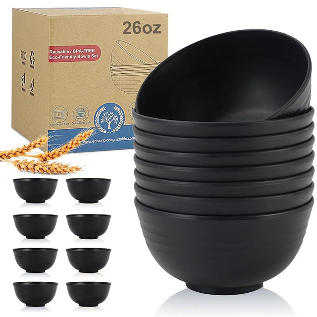 Wheat Straw Bowl Sets,8 PCS Unbreakable Cereal Bowls 26 OZ,Microwave and Dishwasher Safe Bowls,Alternative Plastic Bowl Reusable for cereal,salad,snack and soup (Pure Black)
