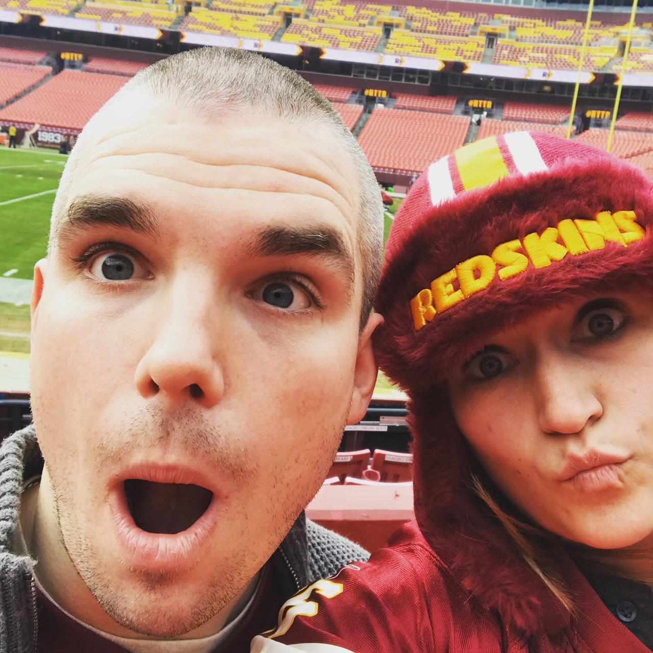 Even as a Giants fan, Brandon loves going to Redskins games, and still lets Sara wear her amazing Redskins gear.