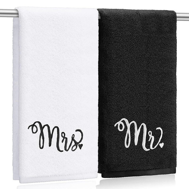 Tingjoo 2 Pcs Mr. and Mrs. Hand Towels 100% Cotton Embroidered Bathroom Towel Wedding Mr. and Mrs. Gift for Couple, Anniversary Bathroom Decor 29 x 13 Inch (Black, White)