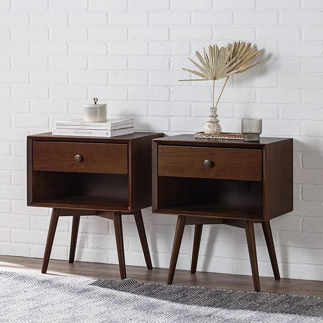 Walker Edison Ellwood Mid-Century Modern 2-Piece Solid Wood 1-Drawer Nightstand Set, 2 Pack, Walnut