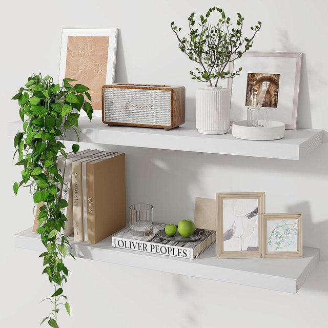 Marsmiles White Floating Shelves, 24 Inch Wall Shelf Set of 2, Rustic Wood Shelves for Wall Storage, Wall Mounted Wooden Display Shelf for Bathroom Bedroom Kitchen Garage, Washed White