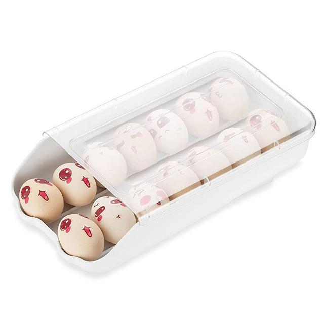 Hanobe Egg Holder For Refrigerator Pull Out Bins Fridge Organizer Drawer Stackable Auto Scrolling Egg Storage Container with Lid, Clear Plastic Egg Trays for Kitchen Fit 14 Eggs