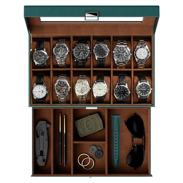 ProCase Watch Box for Men, 12 Slot Mens Watch Case With Drawer, Watch Display Case With Glass Lid, 2-Layer Watch Holder Organizer, Jewelry and Watch Storage for Men Women -12Slot, MidnightGreen