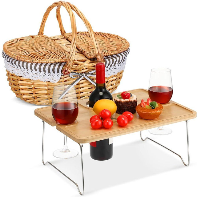 FoldTier Picnic Basket with Foldable Wine Table Kit, Handmade Wicker Basket with Lid Handle Portable Bamboo Tray Table for 2 Outdoor Camping Picnic Wine Set Gift for Couples (Black and White)