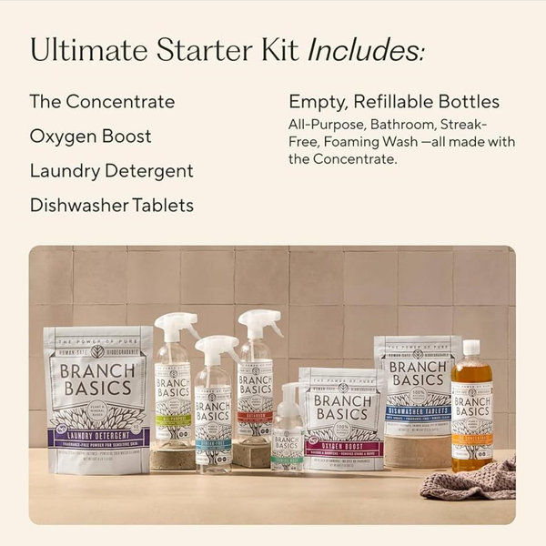Branch Basics Ultimate Starter Kit: Natural All Purpose Cleaner, Glass, Bathroom, Foaming Hand Wash (4 Plastic Bottles + Concentrate + Oxygen Boost), Laundry Detergent, Plastic-Free Dishwasher Tablets