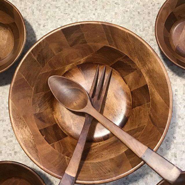 Vintage Wooden Salad Bowl Set 7 PCs Made in Japan