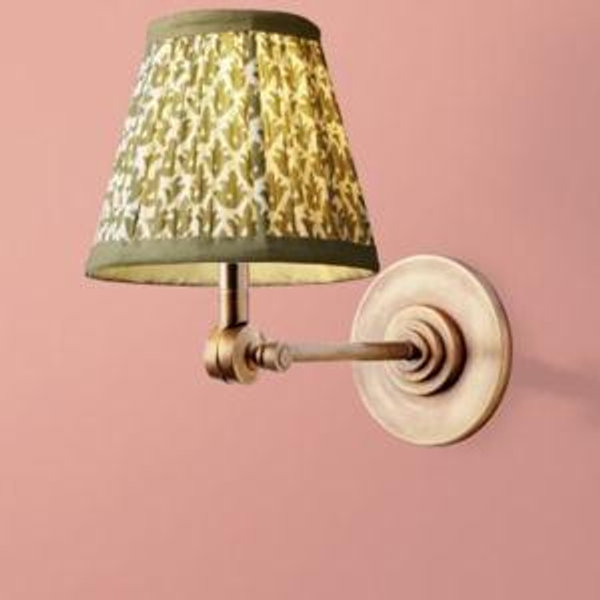 Pooky lighting mini elbow cordless wall fixture in antique brass with 6 inch empire shade for cordless lamps in temple green block printed cotton
