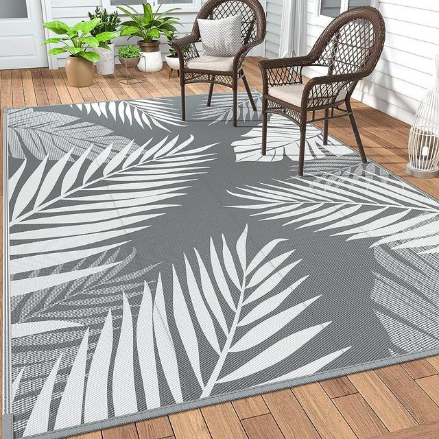 GENIMO Outdoor Rug 5' x 8' Waterproof for Patios Clearance, Reversible Outdoor Plastic Straw Camping Rug Carpet, Large Area Rugs Mats for RV, Picnic, Backyard, Deck, Balcony, Porch, Beach, Grey&White