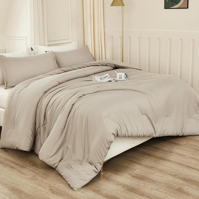 Litanika Oatmeal Comforter California King Size, 3 Pieces Boho Lightweight Solid Bedding Set & Collections, All Season Fluffy Bed Set (104x96In Comforter & 2 Pillowcases)